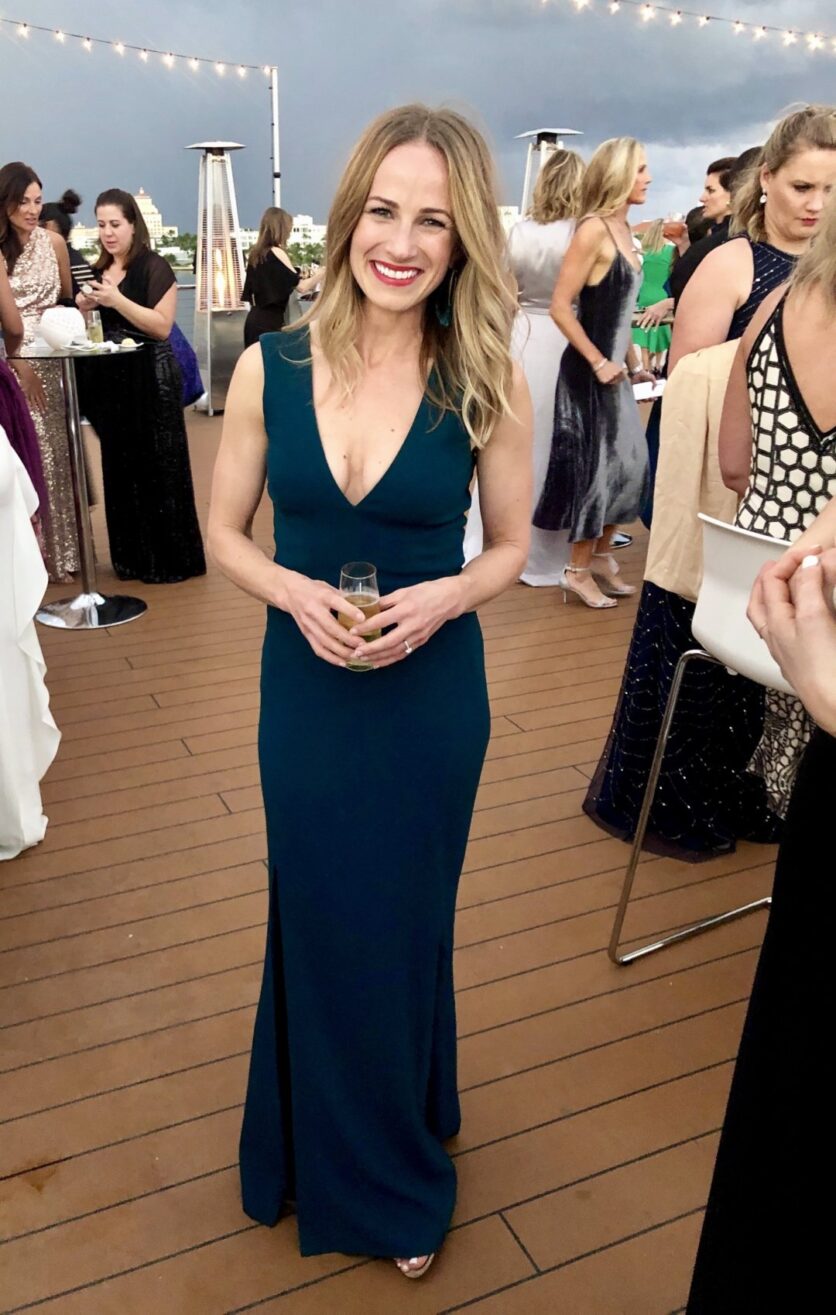 TeriLyn Adams wearing Sandra Plunge Crepe Trumpet Gown from Nordstrom Wedding Guest Dresses