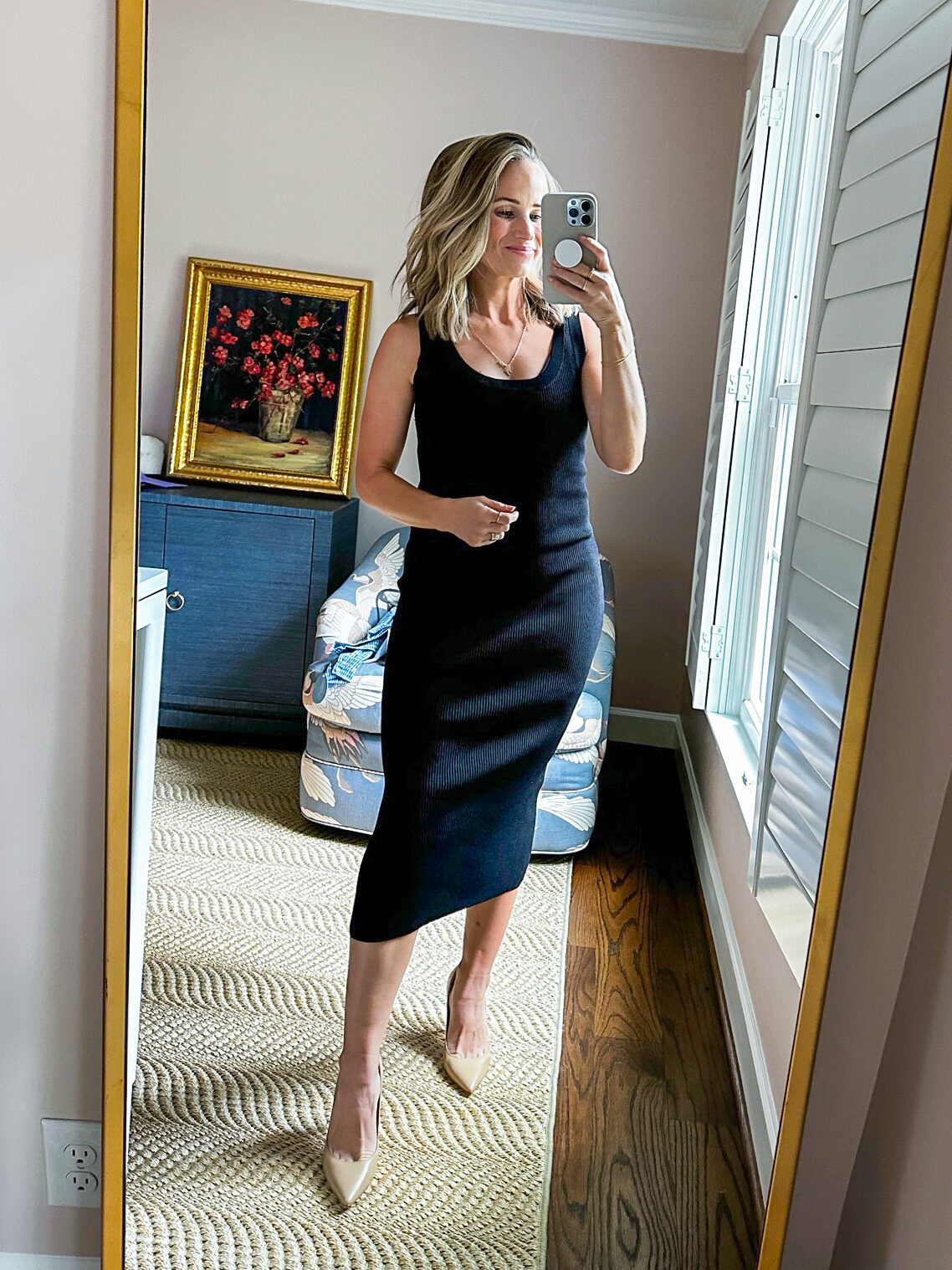TeriLyn Adams wearing  Yasmin Rib Midi Sweater Tank Dress one of the Affordable Fall Dresses
