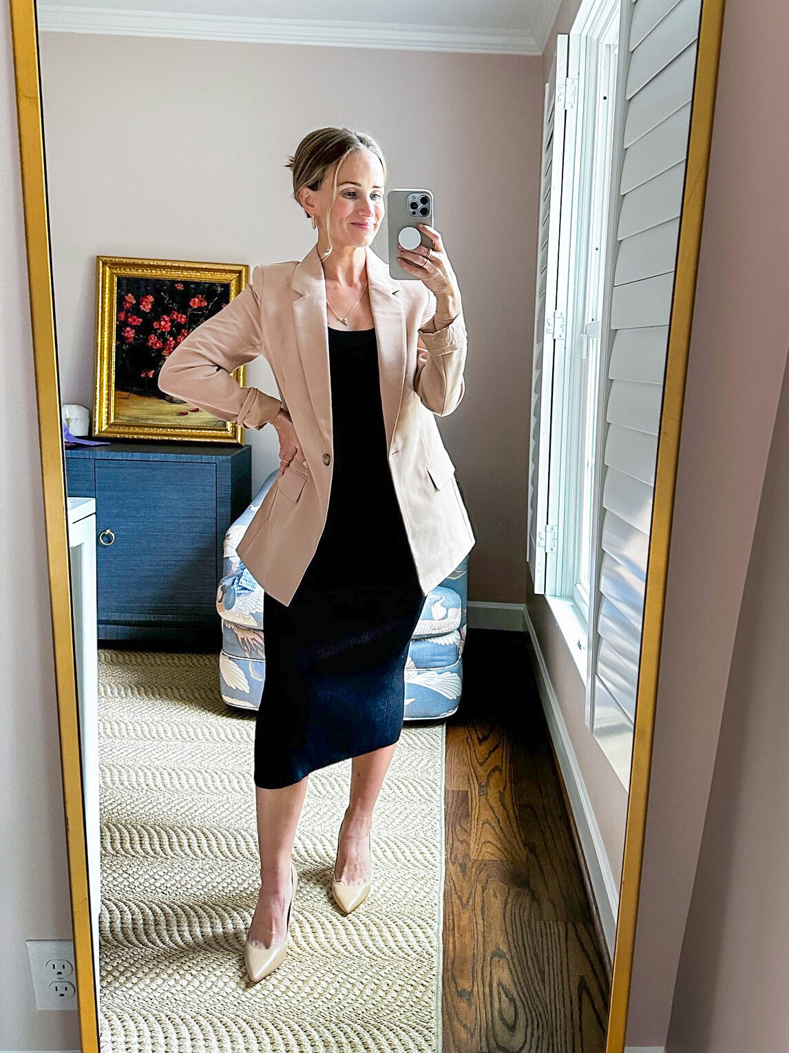 TeriLyn Adams wearing Yasmin Rib Midi Sweater Tank Dress and blazer one of the Affordable Fall Dresses