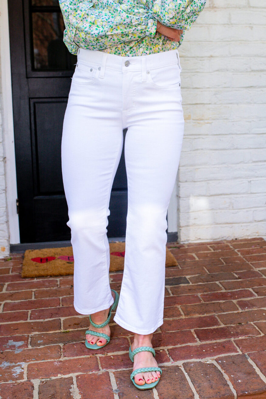 TeriLyn Adams wearing floral top and Kick Out Crop Jeans from Madewell Jeans