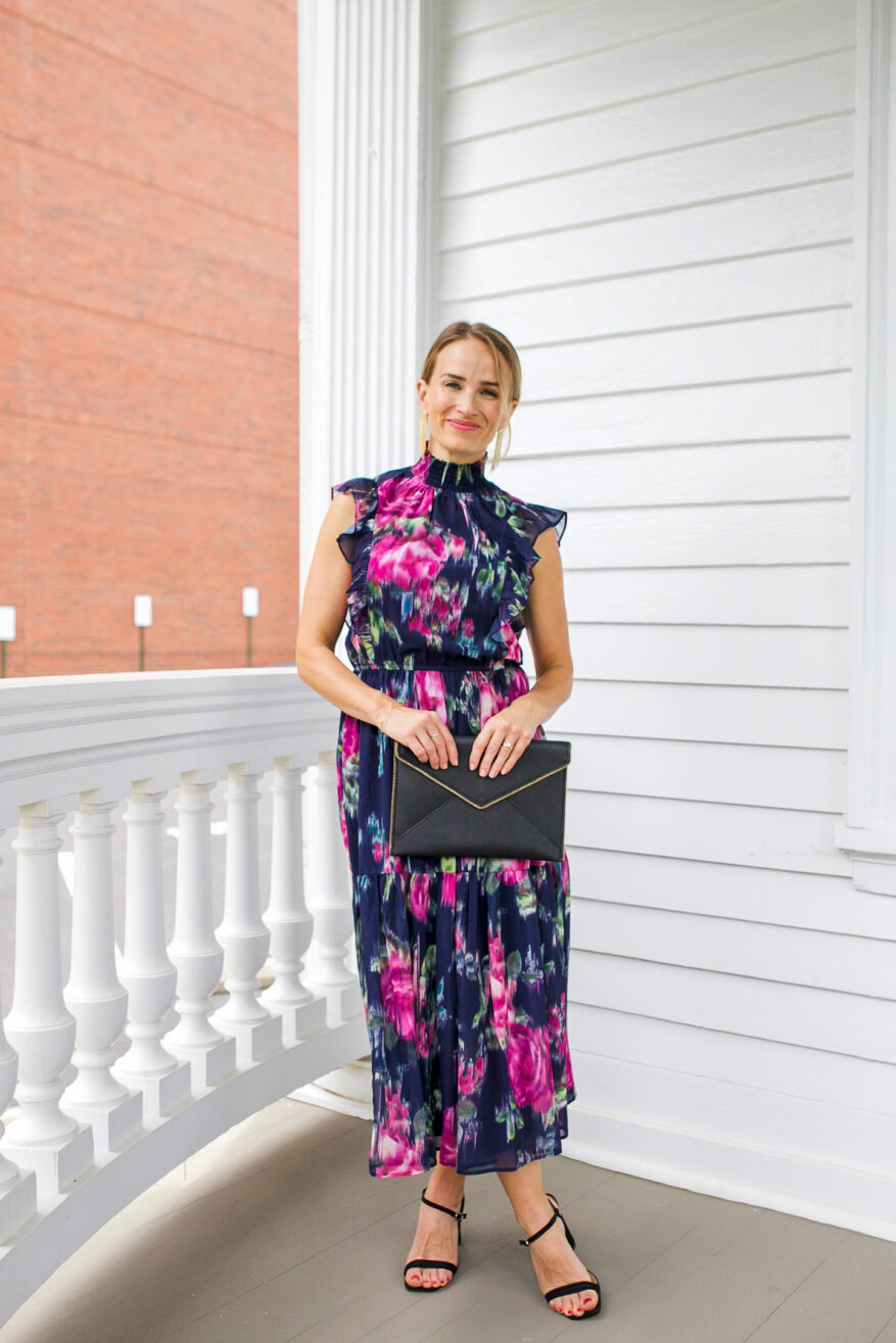 TeriLyn Adams wearing Anna Floral Chiffon Dress for Fall Wedding Guest Dresses