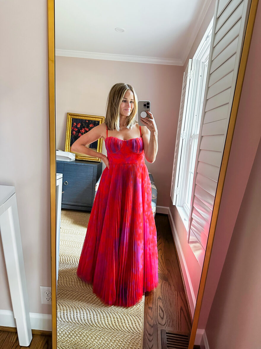 TeriLyn Adams wearing Hutch Amara Floral Bustier Pleated Fit & Flare Dress Nordstrom Wedding Guest Dresses