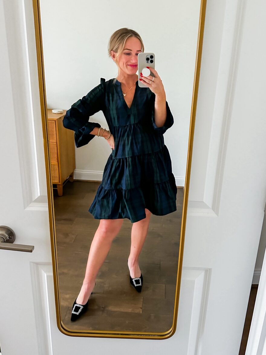 TeriLyn Adams takig a selfie and wearing ATuckernuck Kenzo Dress, non-maternity maternity clothes 