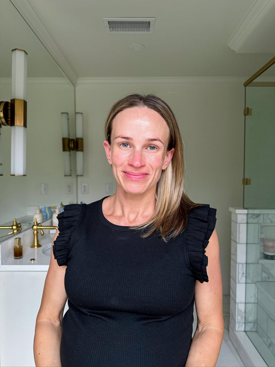 TeriLyn Adams showing her face after using Great Skin Instant Glow Serum from Merit Beauty