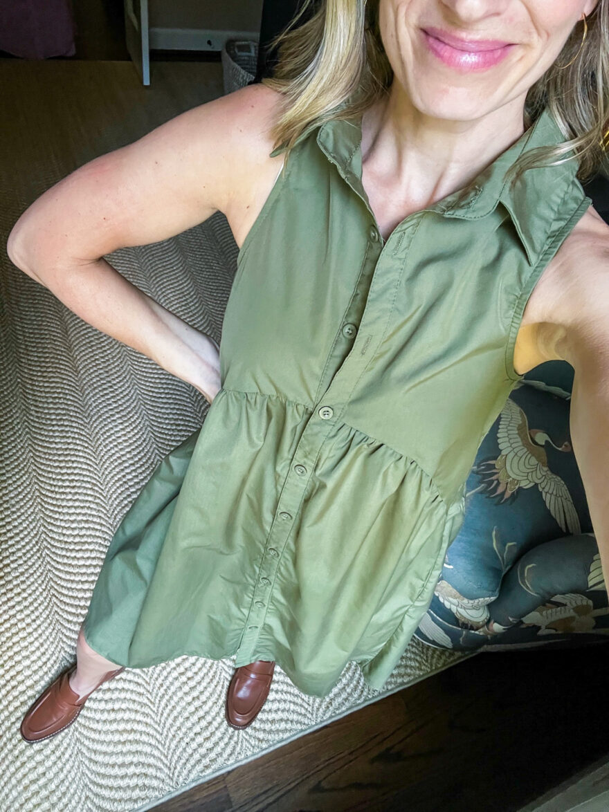 TeriLyn Adams showing the details of her Green Collared Button Down Dress 