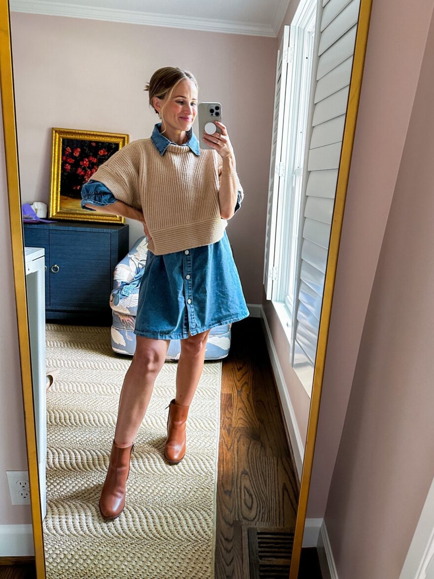 TeriLyn Adams wearing Amazon Denim Dress, non-maternity maternity clothes with sweater on top