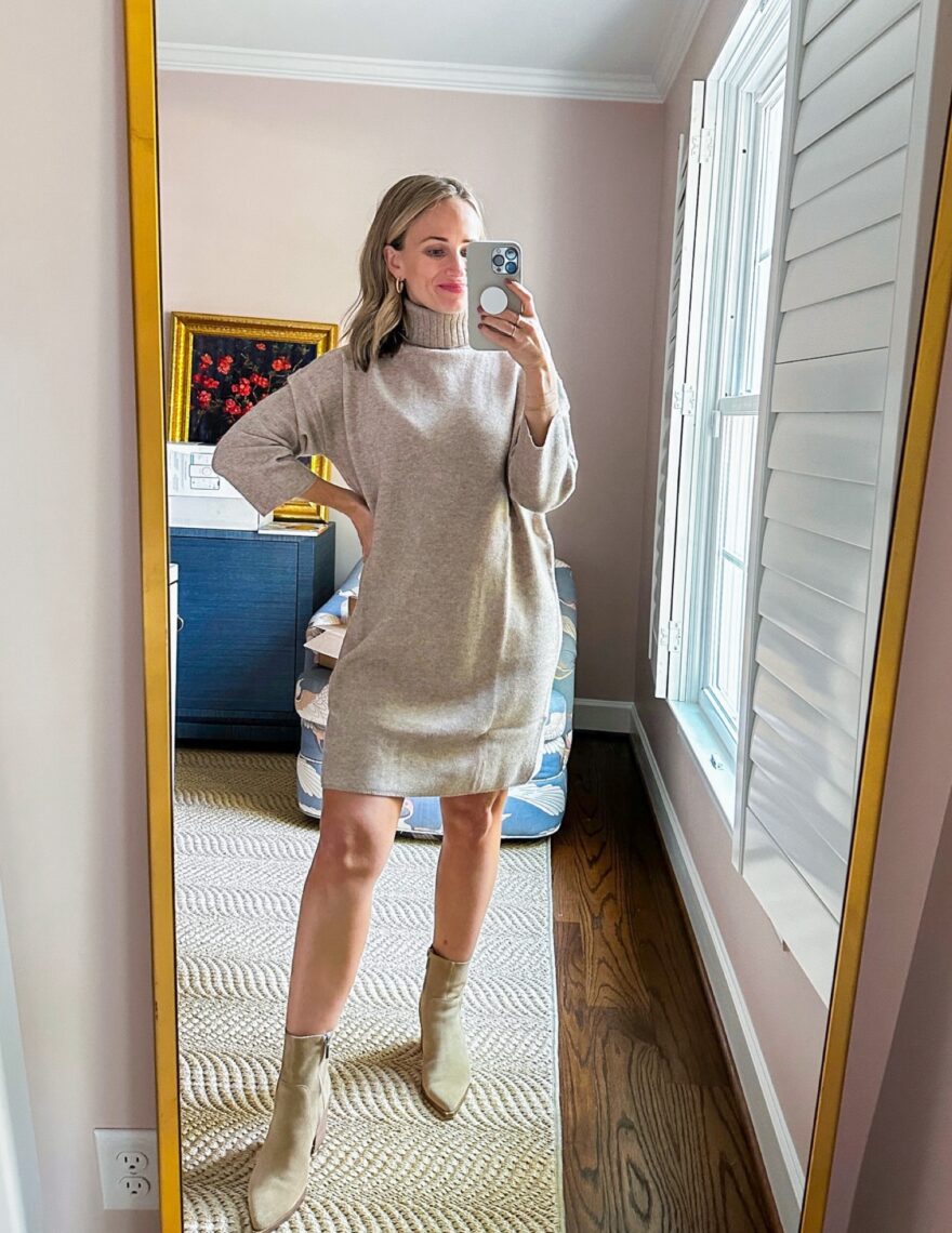 TeriLyn Adams wearing beige  Tuckernuck Nior Vivianne Dress, non-maternity maternity clothes