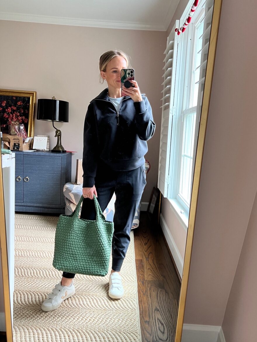TeriLyn Adams taking a selfie and wearing Athleta Venice Joggers, non-maternity maternity clothes