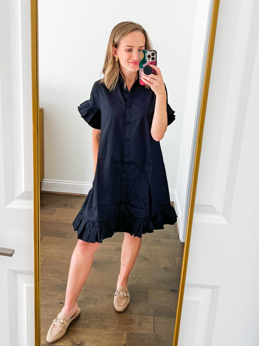 woman wearing Ruffle-Hem Shirtdress in Cotton Poplin