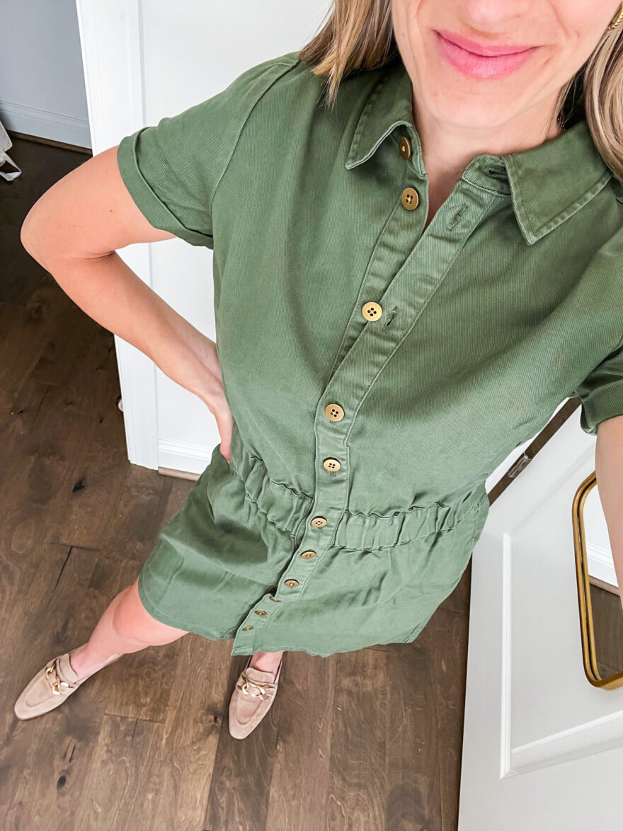 TeriLyn Adams showing the details of the Button Front Chino Dress one of the Best J.Crew Dresses for Fall