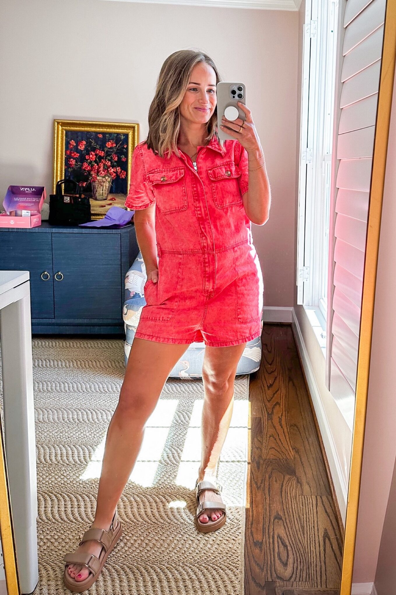 TeriLyn Adams wearing Pink Denim Romper one of her Nursing Friendly Dresses