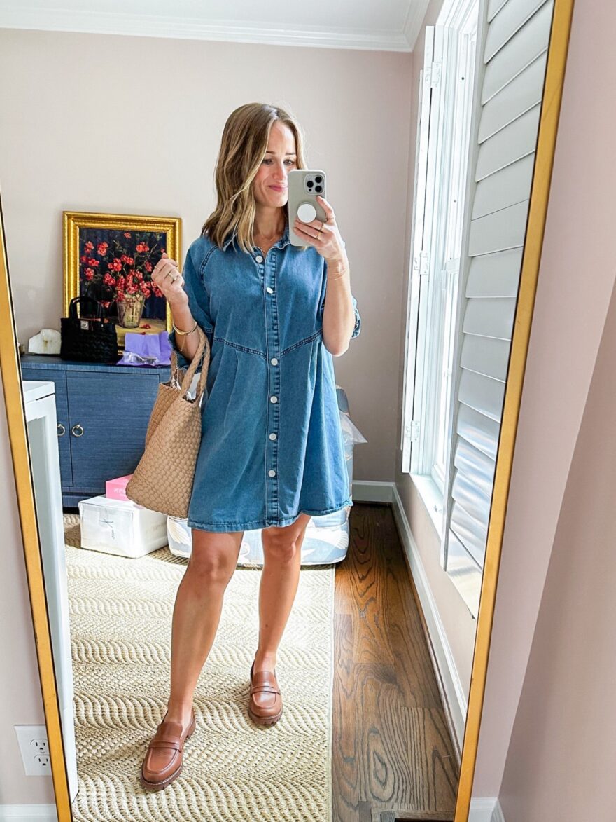 TeriLyn Adams wearing Amazon Denim Shirt Dress one of her Nursing Friendly Dresses