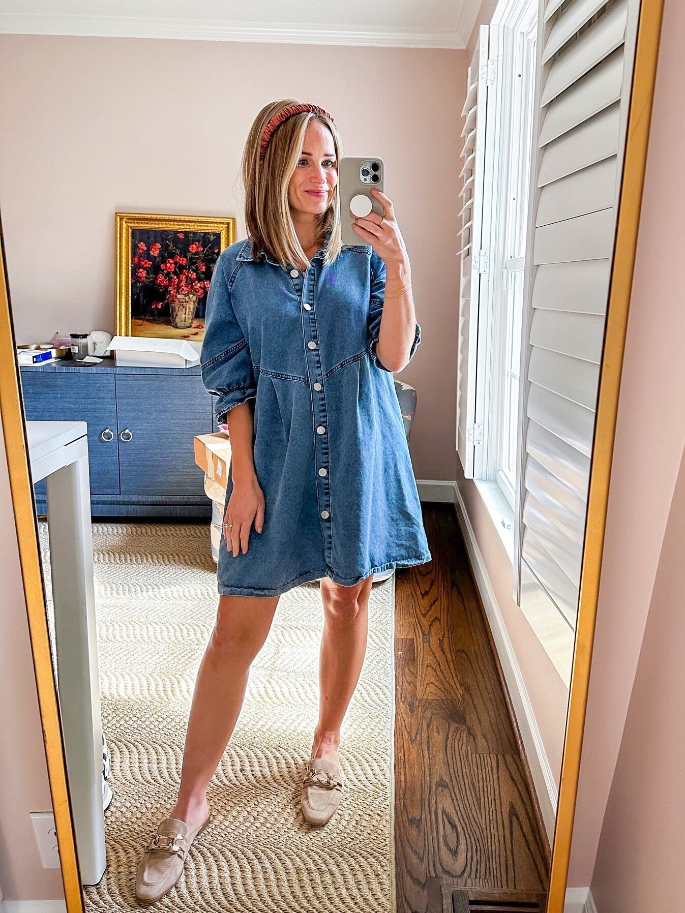 TeriLyn Adams taking a selfie and wearing Amazon Denim Shirt Dress one of her Nursing Friendly Dresses