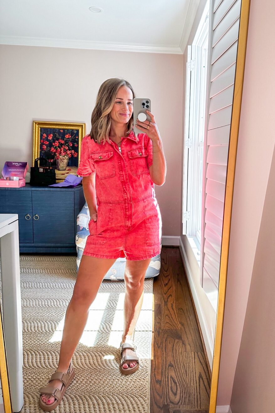 TeriLyn Adams taking a selfie and wearing Pink Denim Romper one of the Affordable Fall Dresses