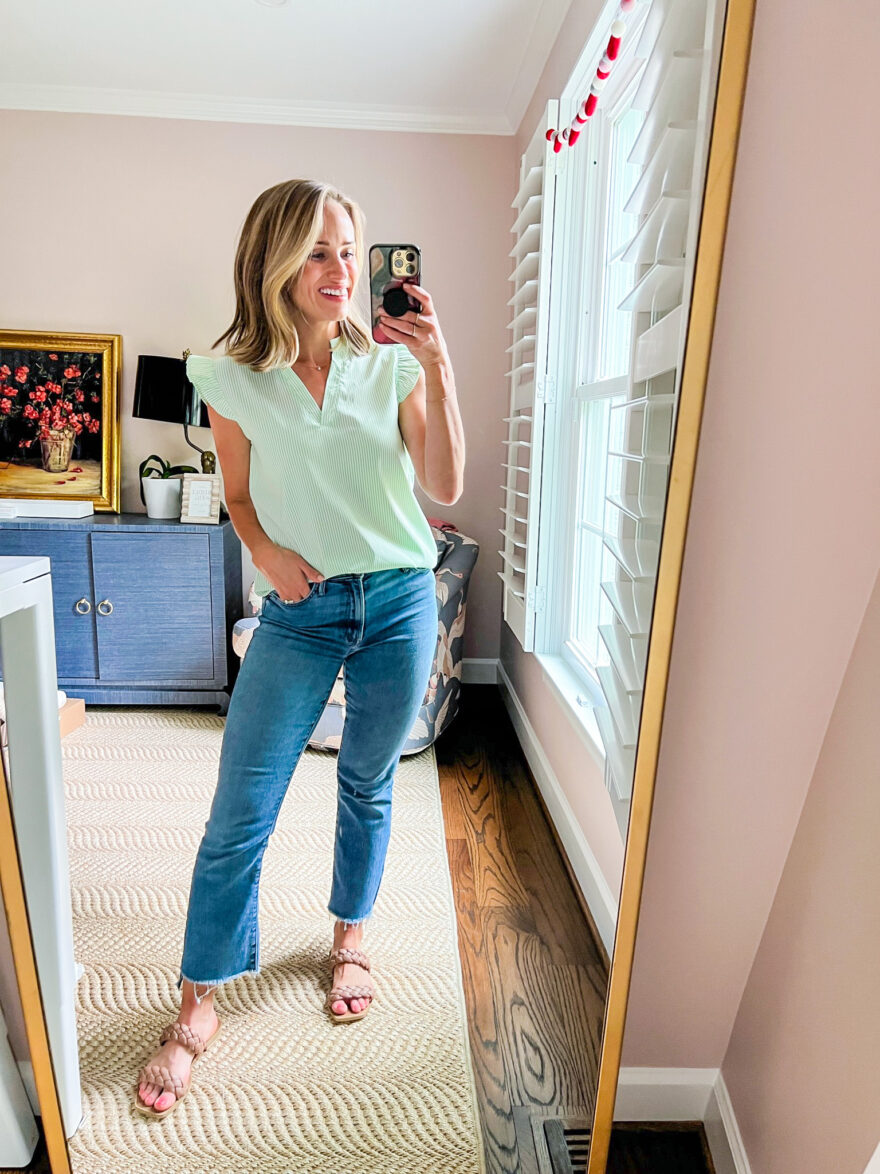 woman in ruffled sleeve top and denim jeans for Church Outfits