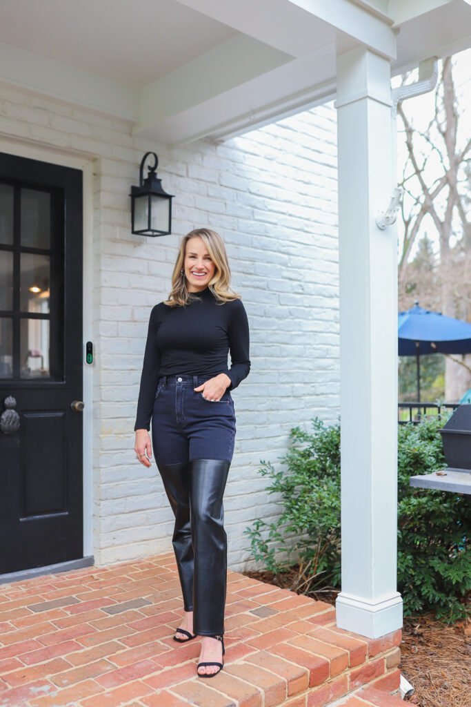 denim and vegan leather pants