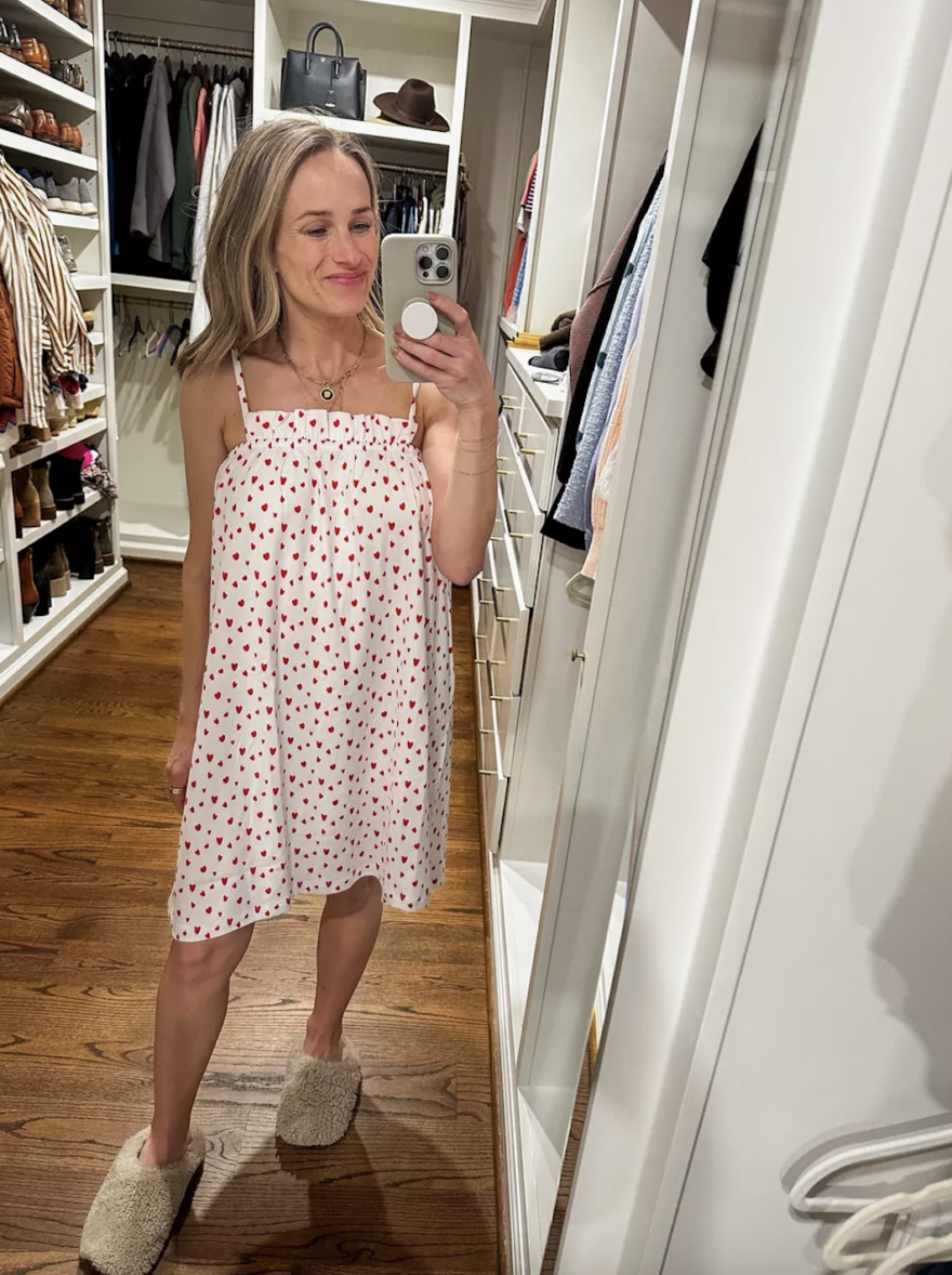 TeriLyn Adams wearing Pima Ruffle Nightgown in heart pattern