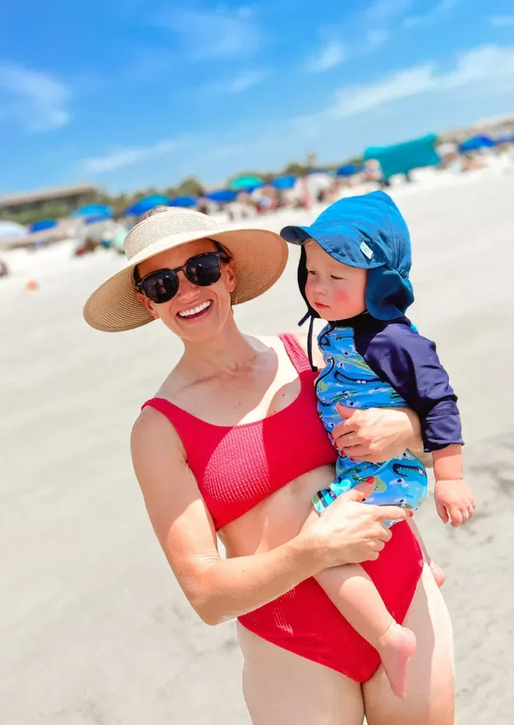 TeriLyn Adams wearing a ribbed pink Bathing Suit